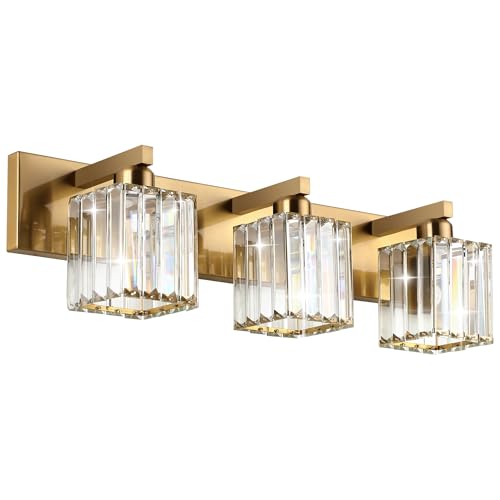 Aipsun Bathroom Vanity Light Fixtures Crystal Vanity Lighting Fixtures Brass 3 Light Bathroom Lighting (Exclude Bulb) - color: Gold, size: 23 inch
