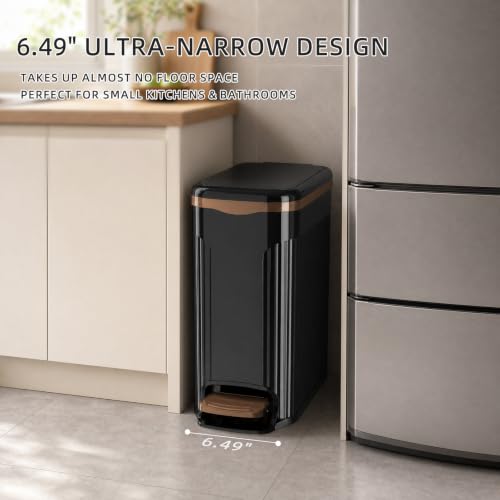 Slim Bathroom Trash Can with Lid, 10L Soft Close Step Pedal Black | Dual Open Step Pedal & Hand Press, 6.49" Ultra Narrow, Hidden Bag Holder, Odor Seal Waste Basket for Kitchen Office Bedroom