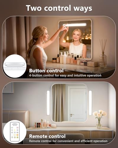 WILLED 5W Mirror Lights with Remote Control,Eye-Friendly Vanity Lights Stick on,Adjustable Color Temperatures Makeup Light with Battery Level Display,Rechargeable Light bar for Bathroom(2 Pack) - color: White