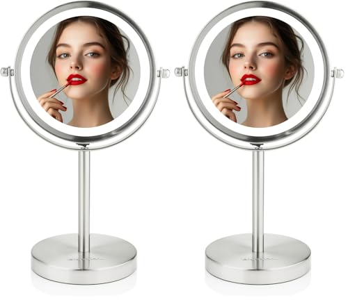 OVENTE Lighted Vanity Mirror 6 Inch Table Top 1X 7X Magnification LED 360 Adjustable Double Sided Spinning Personal Makeup Stand Desk Bathroom Battery Powered Round Large Nickel Brushed MLT60BR1X7X - color: Nickel Brushed, size: 11.3"L x 5.9"W (Pack of 2)