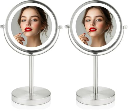OVENTE Lighted Vanity Mirror 6 Inch Table Top 1X 7X Magnification LED 360 Adjustable Double Sided Spinning Personal Makeup Stand Desk Bathroom Battery Powered Round Large Nickel Brushed MLT60BR1X7X - color: Nickel Brushed, size: 11.3"L x 5.9"W (Pack of 2)