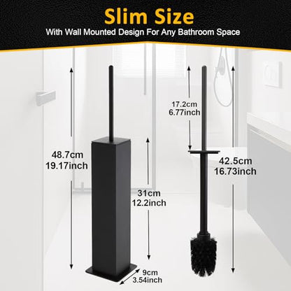 Toilet Brush and Holder Floor Standing, Black with 2 Replaceable Heads, Bathroom Toilet Brush, Freestanding Toilet Bowl Brush with Removable Liner and Splash Guard, Modern Square Design - color: Black-standing