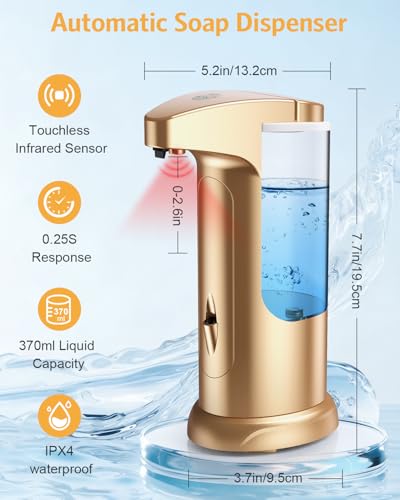 2 Pack Automatic Soap Dispenser for Bathroom Kitchen Home, Gold | 370ml Touchless Dish Soap Dispenser with Infrared Sensor, Battery Operated, 3 Dispensing Levels, Liquid Dispenser