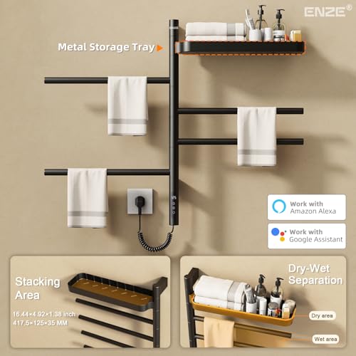 Smart Rotating Heated Towel Rack, 4-Bar, Matte Black | Wall-Mounted Electric Towel Warmer, Swivel Shelf, Wi-Fi App Control, 24H Timer, Stainless Steel - color: Black 17.72"x26.77"