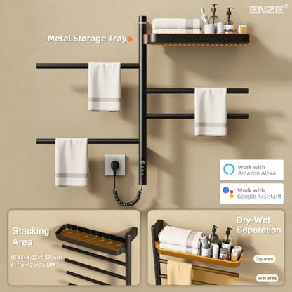 Smart Rotating Heated Towel Rack, 4-Bar, Matte Black | Wall-Mounted Electric Towel Warmer, Swivel Shelf, Wi-Fi App Control, 24H Timer, Stainless Steel - color: Black 17.72"x26.77"