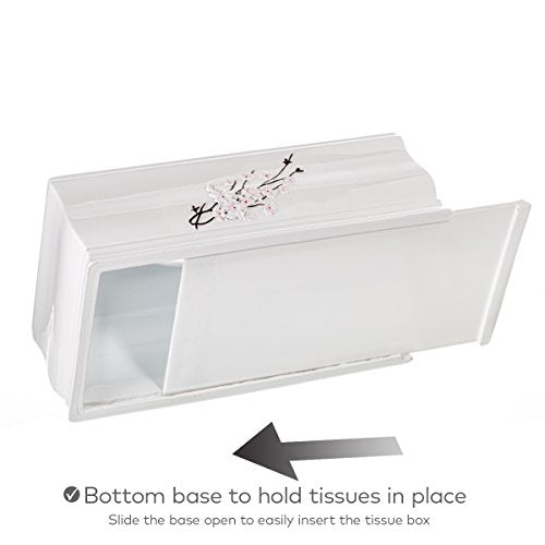 Creative Scents Vanda Rectangle Tissue Box Cover with Bottom Slider | White Tissue Box Holder Rectangular Cherry Blossom Design White Bathroom Accessories Decor - style: Rectangle Tissue Box