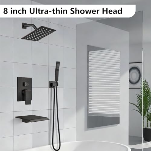 Midanya Shower System with Tub Spout,Bathtub Shower Faucet Set with Square Rainfall Head and Handheld Sprayer Wall Mount Tub Faucet Set with Valve and Trim Kit,8 Inch Oil Rubbed Bronze - color: Oil Rubbed Bronze, size: 8 Inch