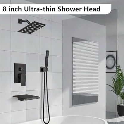 Midanya Shower System with Tub Spout,Bathtub Shower Faucet Set with Square Rainfall Head and Handheld Sprayer Wall Mount Tub Faucet Set with Valve and Trim Kit,8 Inch Oil Rubbed Bronze - color: Oil Rubbed Bronze, size: 8 Inch
