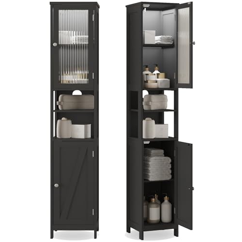 ChooChoo Narrow Bathroom Storage Cabinet with Light， Space Saving | Space Saving,Tall Bathroom Storage Cabinet, 5-Tier, 2 Doors, Slim, Freestanding, Adjustable Shelves, Black - color: Black