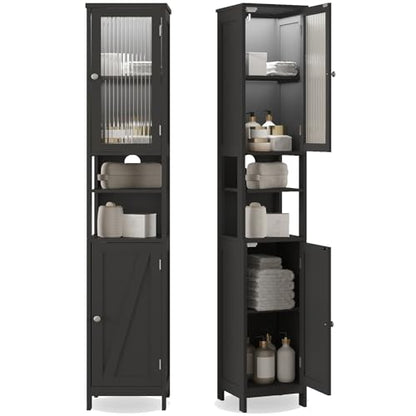 ChooChoo Narrow Bathroom Storage Cabinet with Light， Space Saving | Space Saving,Tall Bathroom Storage Cabinet, 5-Tier, 2 Doors, Slim, Freestanding, Adjustable Shelves, Black - color: Black