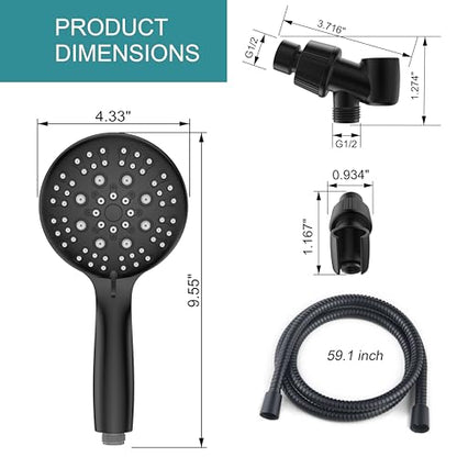 JDO Shower Head with Handheld, 6 Spray Settings High Pressure Hand Held Shower Head, 4.3" High Flow Rain Showerhead Set with Extra Long 59" Stainless Steel Hose and Adjustable Bracket(Matte Black) - color: Flat Black