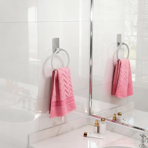 STWWO Hand Towel Holder for Bathroom, Brushed Nickel Towel Ring Adhesive | Bathroom Towel Holder Self Adhesive for Bath RV Kitchen, No Drill Hole - color: Brushed Nickel