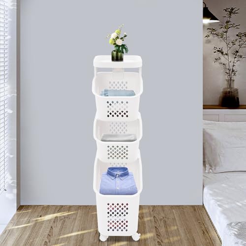 2/3/4-Layer Laundry Basket, Washing Storage Clothes Hamper w/Wheels, Narrow Vertical Rolling Laundry Cart, Bathroom Bedroom Clothes Storage Basket Cart for Towels, Blankets, for Hotel, Dorm (3-Tier) - size: 3-Tier