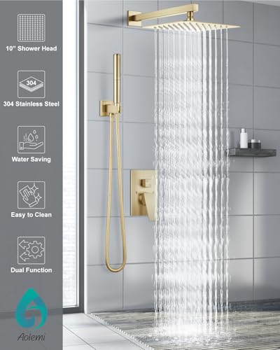 Aolemi Shower System with Rain Head and Handheld,10-Inch,Brushed Gold | High-Pressure Shower Faucet Set with Dual-Function Handheld,Rough-In Valve,1.8 GPM,Wall-Mount Trim Kit - color: Brushed Gold, size: 10 Inch