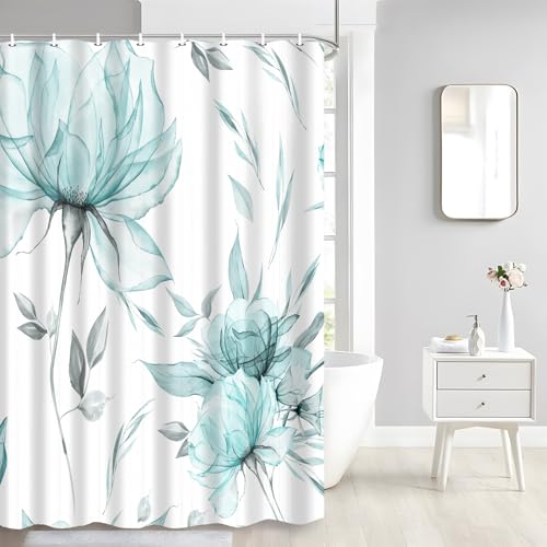 Teal Grey Watercolor Floral Shower Curtain, Flower Leaves Minimalist Aesthetic Art Shower Curtains for Bathroom Sets Decor, Waterproof Polyester Cloth Fabric with 12 Hooks,47x64 Inch - color: Teal, size: 47"W x 64"L (Pack of 1)