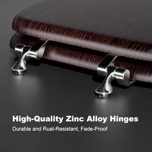 Round Wood Toilet Seat Support 400 lbs, Heavy Duty Wooden Toilet Seat with Natural Wood Veneer for Bathroom, Dark Walnut Toilet Lid with Chrome Hinges, Grip-Tight Bumpers, Easy Clean, Easy Install