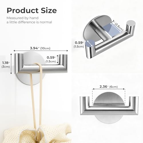 2 Pack Brushed Nickel Bathroom Hooks for Towels, Robes, Coats, Shower Use | Self-Adhesive, Stainless Steel, Rust Resistant, Double hooks, Easy Install, Space Saving - color: Silver