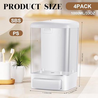 Hushee 4 Pcs Plastic Wall Mounted Soap Dispenser Commercial Manual Soap Containers Wall Dispenser for Kitchen Shower Hotel Liquid Shampoo Gel Chamber(33.8 oz 1000 ml,White) - color: White, size: 33.8 oz 1000 ml
