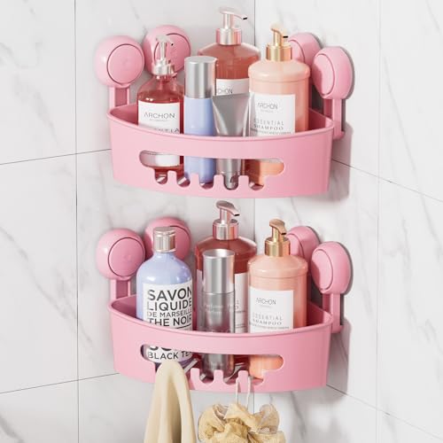 Corner Shower Caddy Suction Cup, Shower Shelves Suction Cup | 2 Pack Heavy Duty Basket Bathroom, Removable Shower Organizer for Kitchen, No-Drilling Shower Caddies(Pink) - color: Pink, size: 2 × Medium