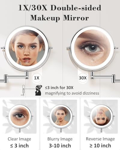 9'' 30X/1X Wall Mounted Lighted Makeup Mirror, Height Adjustable Double Sided 5000mAh Rechargeable Magnifying Bathroom Mirror with Light, 3 Color Modes Touch Dimmable Extended Arm 360 Rotation