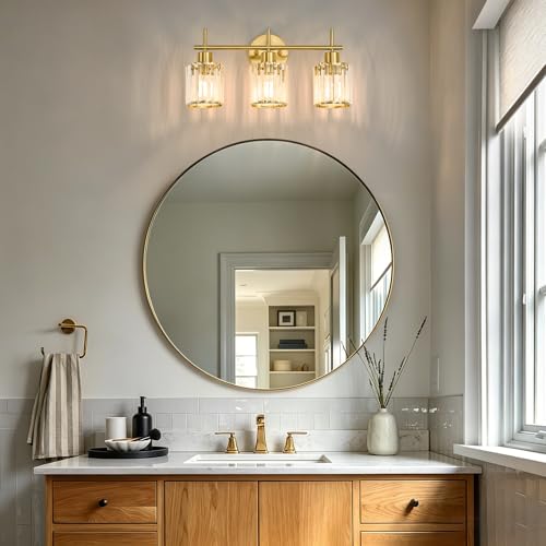 Brushed Gold Bathroom Light Fixtures, Round, 3-Light | Vanity Lights with Crystal Shades, Modern Bathroom Lighting Fixtures over Mirror (Bulbs Not Included, E26) - color: Brushed Gold (Round), size: 3-Light