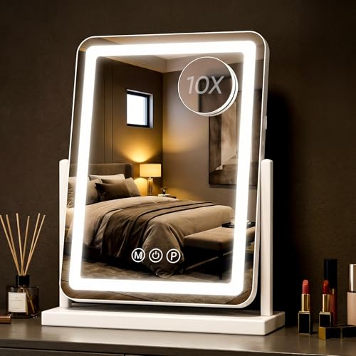 Antok Vanity Mirror with Lights, 14"X18" Lighted Makeup Mirror, Smart Touch, 3 Color Modes and Brightness Adjustable, LED Vanity Mirror with Detachable 10X Magnification, 360° Rotation for Makeup Desk - size: 14"L x 18"W