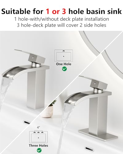 Brushed Nickel Waterfall Bathroom Faucet 1-Handle Vanity Faucet | Stainless Steel Modern Bathroom Sink Faucet,Pop-Up Drain, Supply Lines 6-in Deck Plate, 1- or 3-Hole, NSF Certified - color: Nickel