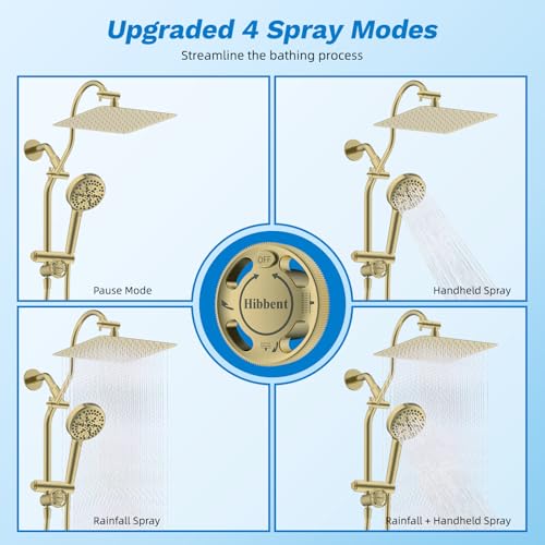 Hibbent High Pressue All Metal 10" Rainfall Shower Head, Handheld 10-Spray | cUPC Certified Brushed Gold Dual Showerhead Combo, 4-way Diverter with Pause Mode, Brass Extension Arm, 71'' Hose & Holder - color: Burshed Gold, style: Square 10"