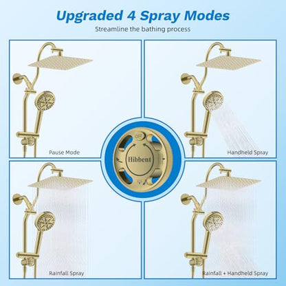 Hibbent High Pressue All Metal 10" Rainfall Shower Head, Handheld 10-Spray | cUPC Certified Brushed Gold Dual Showerhead Combo, 4-way Diverter with Pause Mode, Brass Extension Arm, 71'' Hose & Holder - color: Burshed Gold, style: Square 10"
