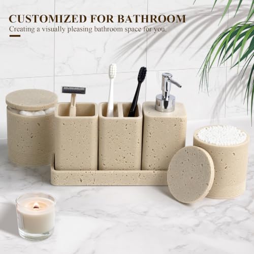 Bathroom Accessories Set 6 Piece Soap Dispenser Set Travertine Beige | Bathroom Set with Toothbrush Holders, Soap Dispenser, Vanity Tray, Tumbler, Cotton Swab Jars, Bathroom Organizer and Storage - color: Travertine Beige
