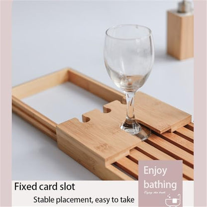 Expandable Bamboo Bathtub Tray with Book Stand, Bathtub Shelf with Wine Glass Holder and Grooves, Adjustable Bath Caddy for Tub Relaxation, Great Bath Caddy for Home Spa