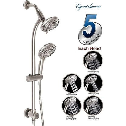 Handheld Showerhead & Rain Shower Combo for Easy Reach, 27.5" Drill-free Stainless Steel Slide Bar, 5”of 5-setting Handheld Shower and Showerhead, with 5ft Hose -Brush Nickel - color: Brush Nickel