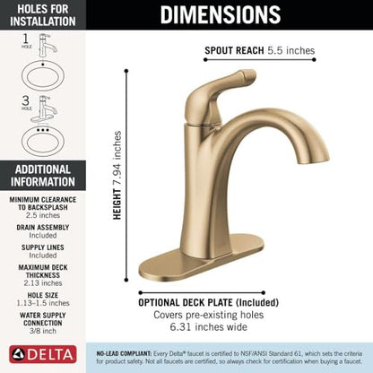 Delta Arvo Brushed Gold Bathroom Faucet 1 Hole, Single Hole Bathroom Sink Faucet for Vanity, Push-Pop Drain Assembly, Champagne Bronze 15840LF-CZ - color: Champagne Bronze