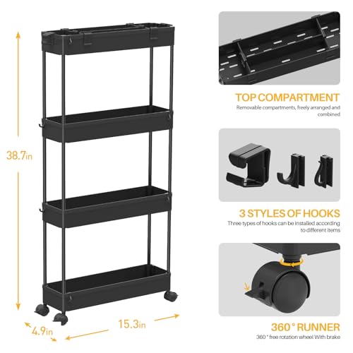 Slim Storage Cart 4 Tier,Bathroom Organizer Rolling Utility,Mobile Shelving Unit Slide Out for Office, Kitchen, Laundry Room & Narrow Places,Black - color: Black