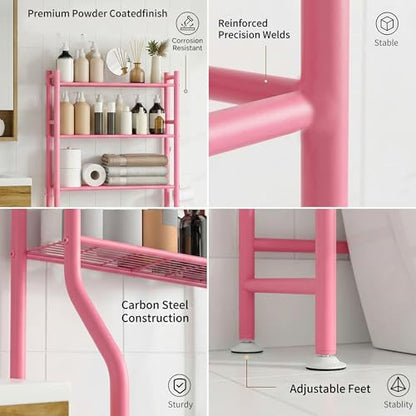 GloTika 3-Tier Over Toilet Storage, Anti-Tilt, 64" H, Pink | Anti-Tilt Safety System, 150lb Capacity, Carbon Steel, Freestanding, No Drilling, Anti-Rust Coating, Paper Holder & 4 Hooks - color: Pink, size: 3-Tier