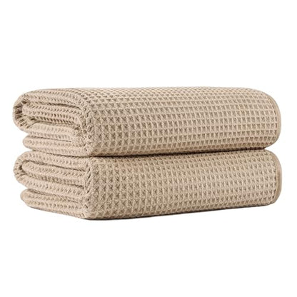 MICROFI New Microfiber Waffle Bath Towels, 2 Pieces, Oversized, Soft, Absorbent, Fast Drying, Lint Free 430 GSM (30''x60''/76cm x 152cm) - color: Beige