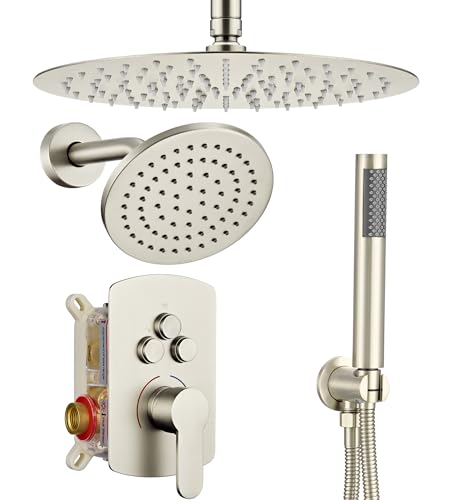 Dasan Rainfall Full Body Shower Faucet System with 12'' Round Shower & 6'' Shower Head,Brushed Nickel Dual Shower Head Faucets Set with Handheld & Valve, Double Shower Head System for Couples/2-Person - color: Brushed Nickel