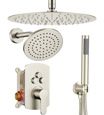 Dasan Rainfall Full Body Shower Faucet System with 12'' Round Shower & 6'' Shower Head,Brushed Nickel Dual Shower Head Faucets Set with Handheld & Valve, Double Shower Head System for Couples/2-Person - color: Brushed Nickel