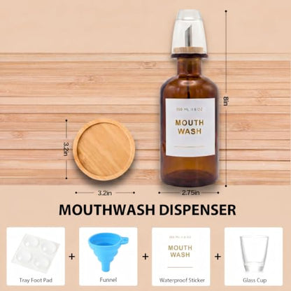 11.8OZ Glass Mouthwash Dispenser for Bathroom, Amber | Stainless Steel & Bamboo Nozzle, Reusable Mouthwash Cup, Bamboo Tray, Elegant Gold Sticker - color: Amber/350*1