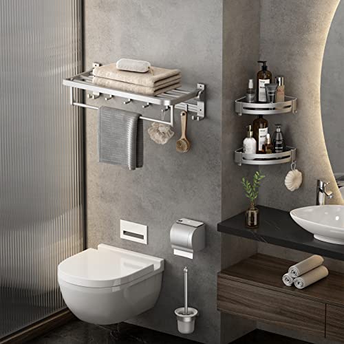 24 Inch Towel Rack with Towel Bar Holder Foldable Towel Shelf with Movable Hooks Rustproof Towel Storage Wall Mount for Bathroom Lavatory Silver - color: Silver