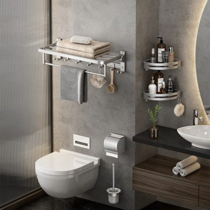 24 Inch Towel Rack with Towel Bar Holder Foldable Towel Shelf with Movable Hooks Rustproof Towel Storage Wall Mount for Bathroom Lavatory Silver - color: Silver