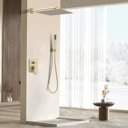 Brushed Gold Shower System 16 Inch Bathroom Luxury Rain Mixer Shower Combo Set Wall Mounted Rainfall Shower Head and Handheld System Shower Faucet Set Rough-in Valve Body and Trim Kit - color: Brushed Gold, size: 16 Inch