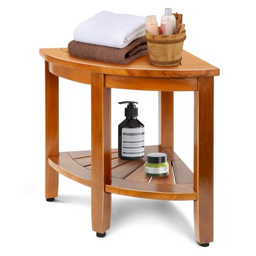18" Premium Teak Corner Shower Bench with Shelf, Solid Teak Shower Stool, Durable Waterproof Wooden Seat for Inside Shower, Teak Wood Bench for Bathroom, Indoor & Outdoor Use