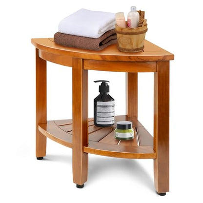 18" Premium Teak Corner Shower Bench with Shelf, Solid Teak Shower Stool, Durable Waterproof Wooden Seat for Inside Shower, Teak Wood Bench for Bathroom, Indoor & Outdoor Use