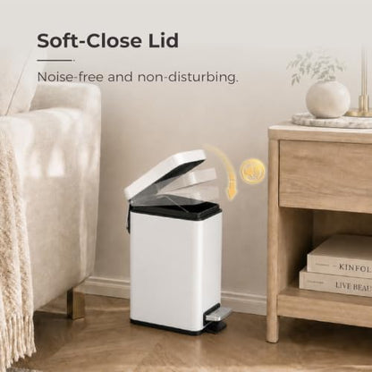 Sineng Bathroom Trash Can with Lid Soft Close, 1.6 Gallon Stainless Steel Small Pedal Garbage Can with Removable Inner Bucket, Waste Bin for Kitchen Bedroom, Compact Toilet Trash Bin, White - color: white