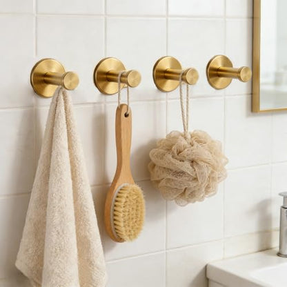 Bath Towel Hooks, 4 Pack Self Adhesive Coat Hooks, Sturdy No Drilling Robe Hook, SUS 304 Stainless Steel Heavy Duty Clothes Hanger, Wall Hooks for Bathroom Bedroom Kitchen (2 in, ‎Gold) - color: Gold-4