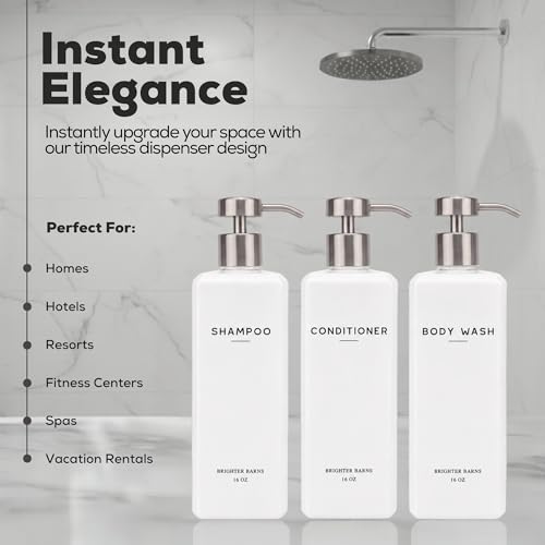 White Shampoo and Conditioner Dispenser Set by Brighter Barns - Shower Dispenser for Bathroom - Refillable Plastic Shampoo Bottle & Stainless Steel Pump - Shampoo Dispenser for Airbnb, Hotel (White) - color: White