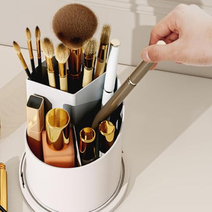 Makeup Brush Holder Organizer with Cover - 360° Rotating Clear Dustproof Cosmetic & Skincare Storage for Vanity, Desktop, Bathroom Countertop (White)