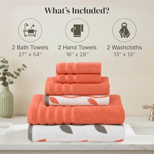 Modern Threads 6 Piece Bath Towel Set – Bathroom Set with 2 Bath Towels, 2 Hand Towels, and 2 Wash Cloths – 100% Cotton, Super Absorbent & Extra Soft – Reversible Natural Vine (Rust Orange) - color: Rust Orange
