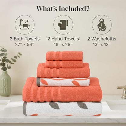 Modern Threads 6 Piece Bath Towel Set – Bathroom Set with 2 Bath Towels, 2 Hand Towels, and 2 Wash Cloths – 100% Cotton, Super Absorbent & Extra Soft – Reversible Natural Vine (Rust Orange) - color: Rust Orange